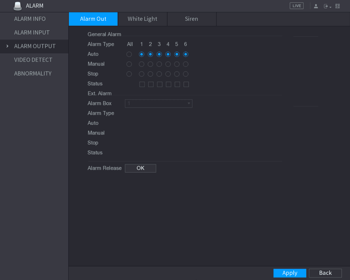 ALARM OUTPUT configuration interface