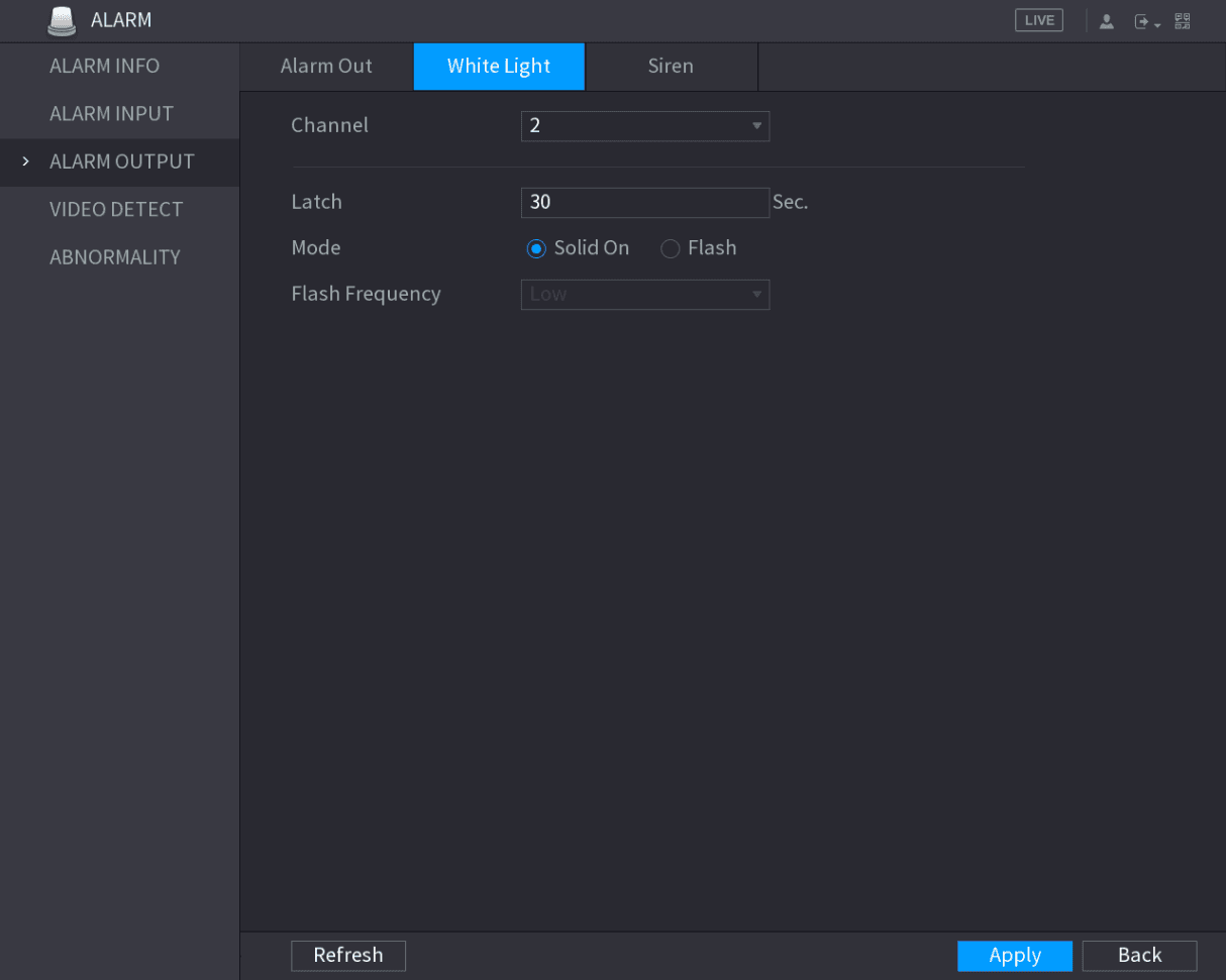 White Light alarm output configuration interface
