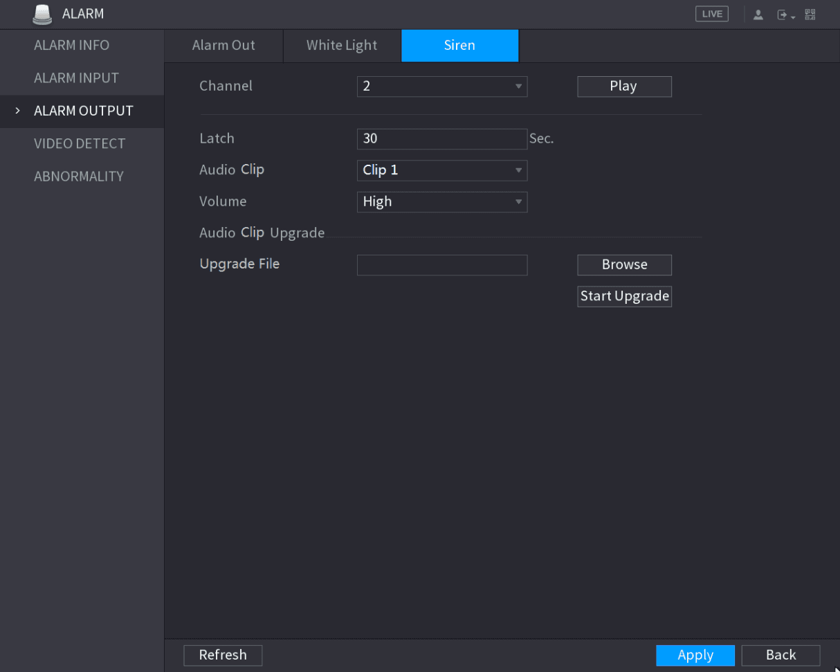Siren alarm output configuration interface