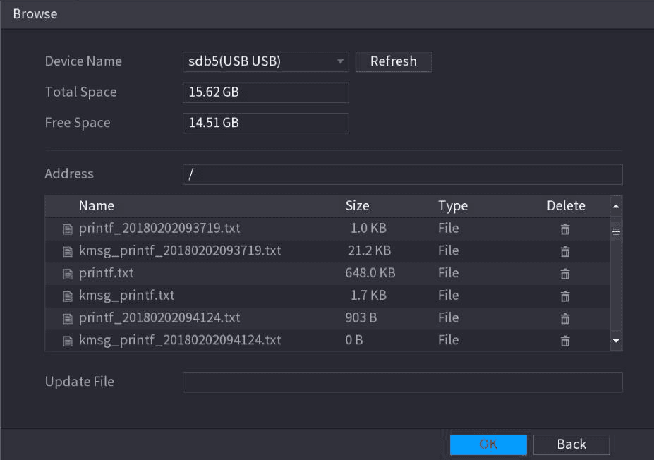 Browse interface for selecting the upgrade audio file