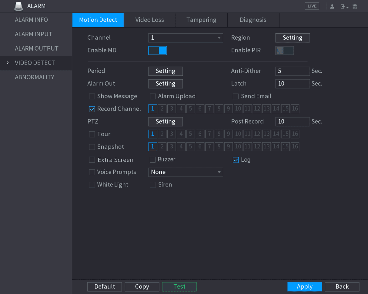 Motion Detect configuration interface