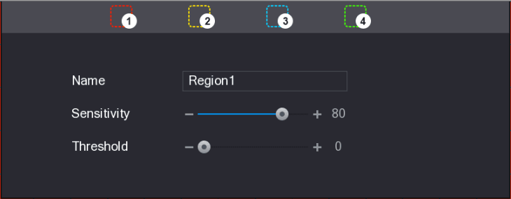 Motion detection region setting interface with four region selectors and Name, Sensitivity, and Threshold controls