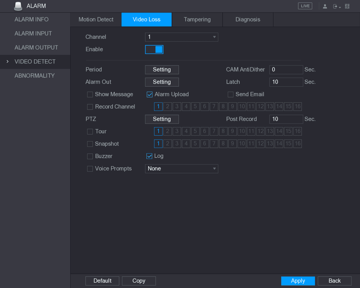 Video Loss detection configuration interface
