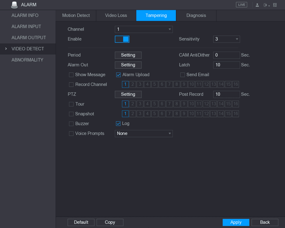 Tampering detection configuration interface