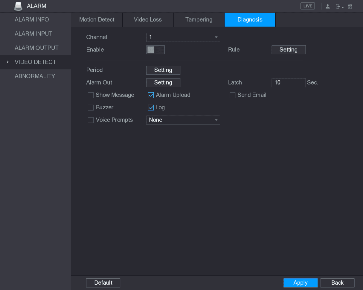 Diagnosis detection configuration interface