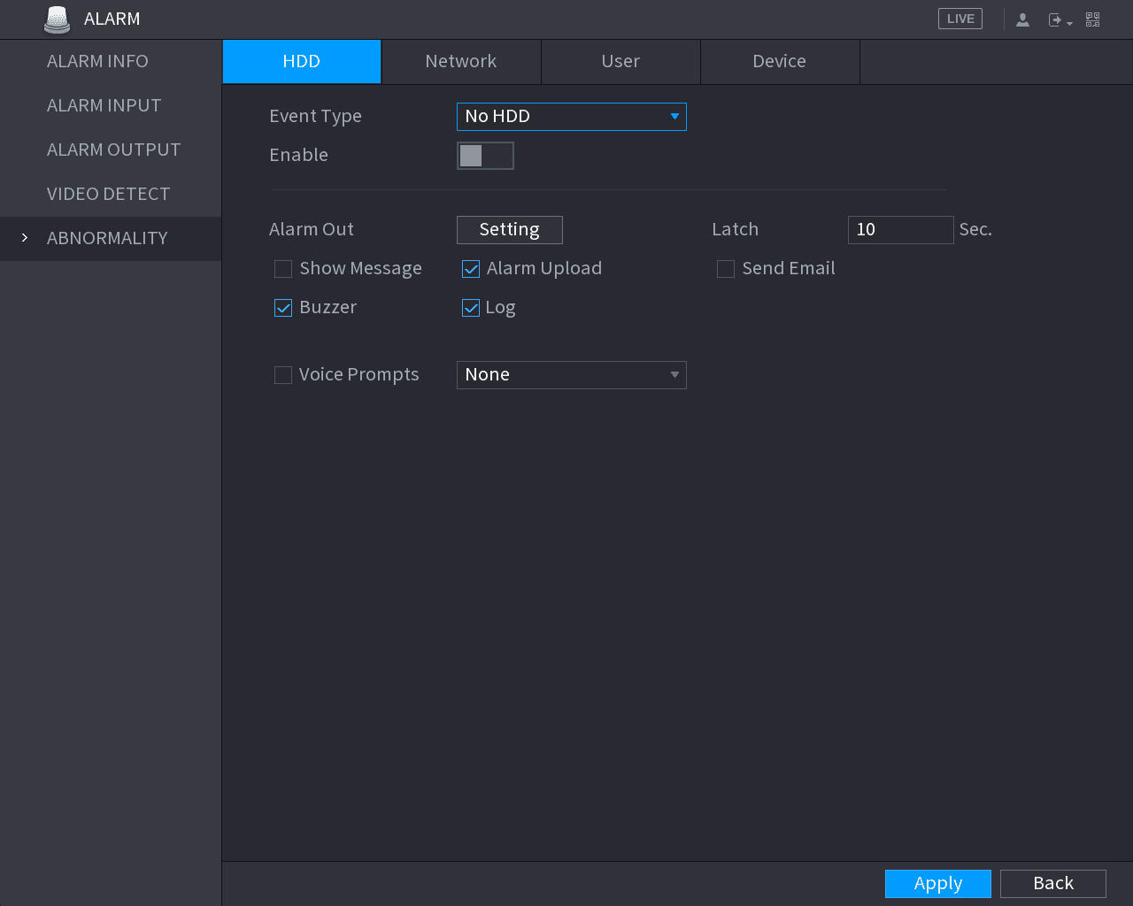 HDD abnormality event configuration interface