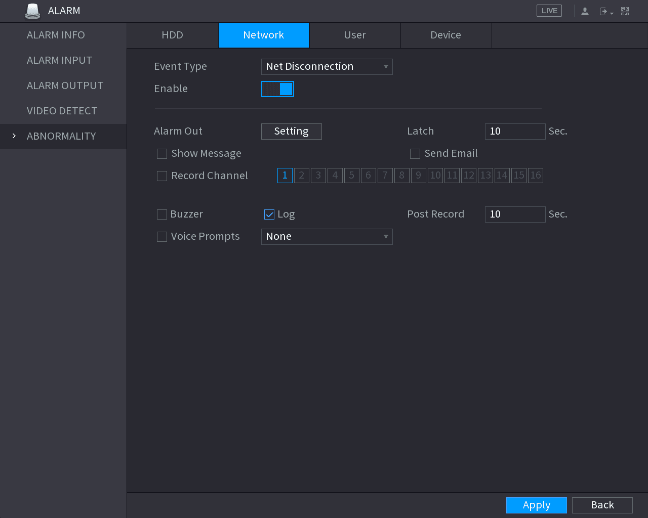 Network abnormality event configuration interface