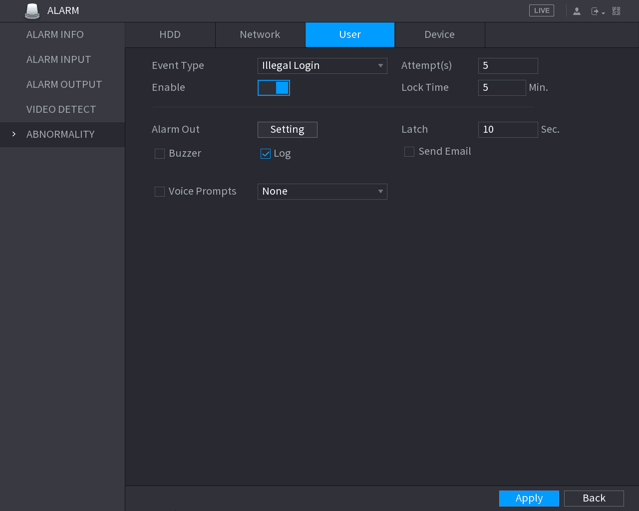 User abnormality event configuration interface