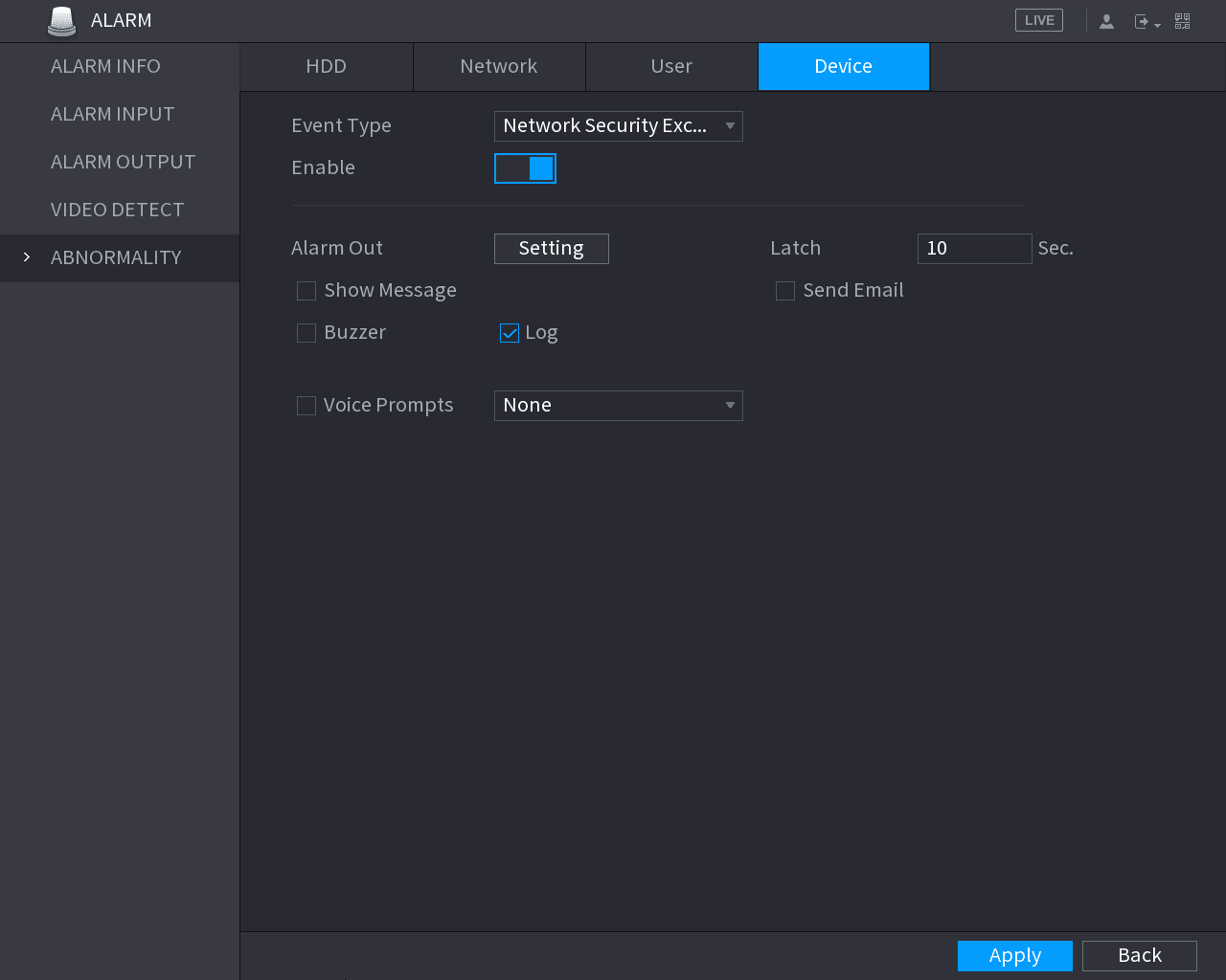 Device abnormality event configuration interface
