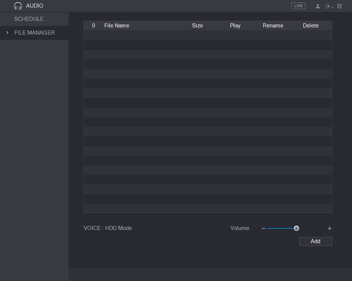 FILE MANAGER interface in the AUDIO menu with an empty file list and a volume slider