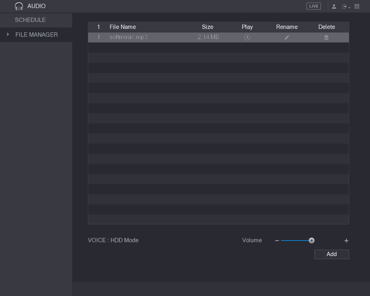 FILE MANAGER interface showing the imported audio file softmusic.mp3 with its size and play, rename, and delete options