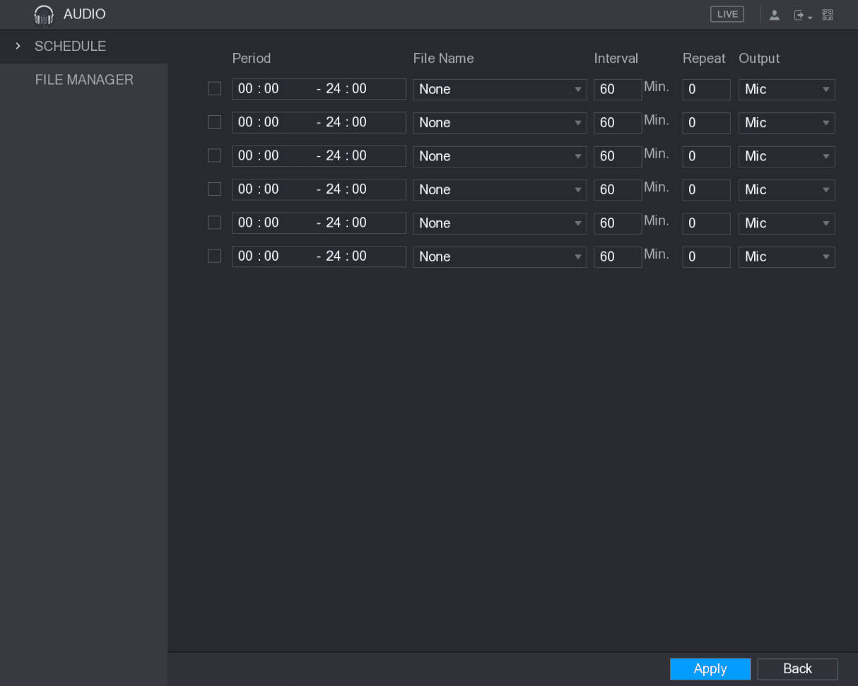 SCHEDULE interface with six period rows, each with file name, interval, repeat, and output settings