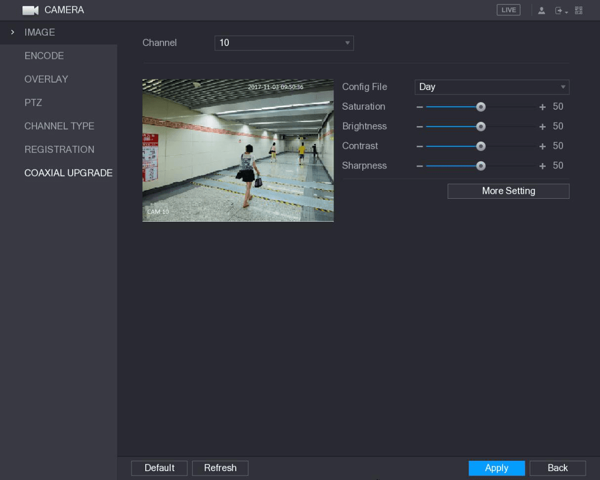 IMAGE interface for a digital channel showing Config File and image sliders with a More Setting button