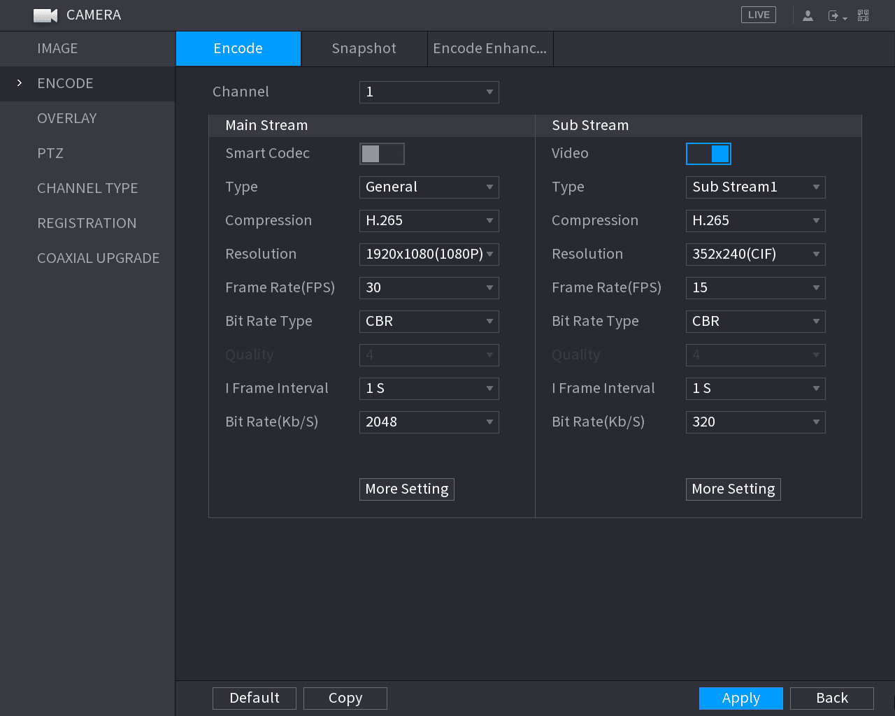 Encode interface showing Main Stream and Sub Stream parameters such as Smart Codec, Type, Compression, Resolution, Frame Rate, Bit Rate Type, and Bit Rate