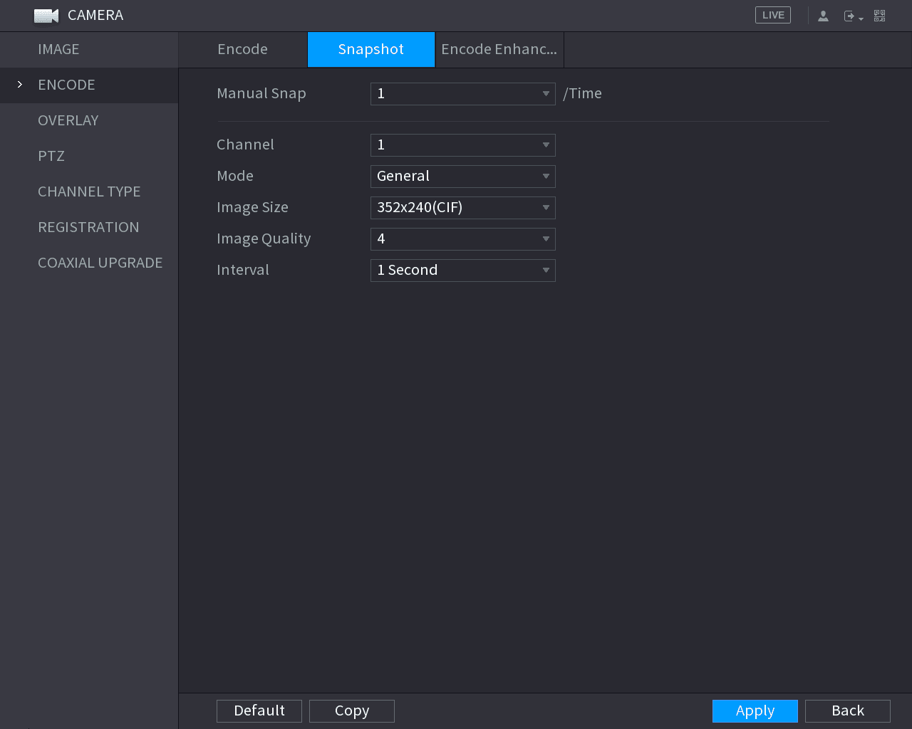 Snapshot interface showing Manual Snap, Channel, Mode, Image Size, Image Quality, and Interval settings