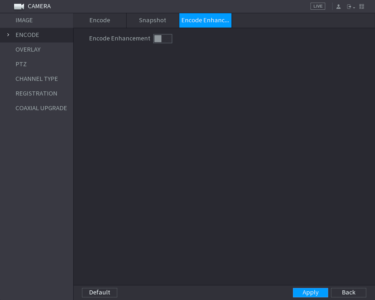 Encode Enhancement interface showing the Encode Enhancement toggle switch