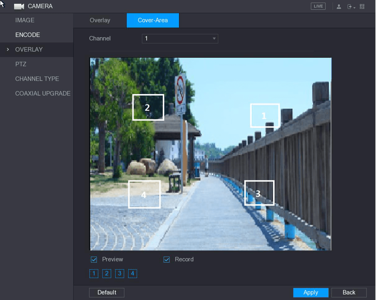 Cover-Area interface showing covered blocks on the live image with Preview and Record check boxes