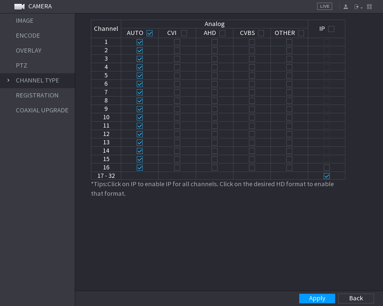 CHANNEL TYPE interface showing a grid of channels with AUTO, CVI, AHD, CVBS, OTHER, and IP options