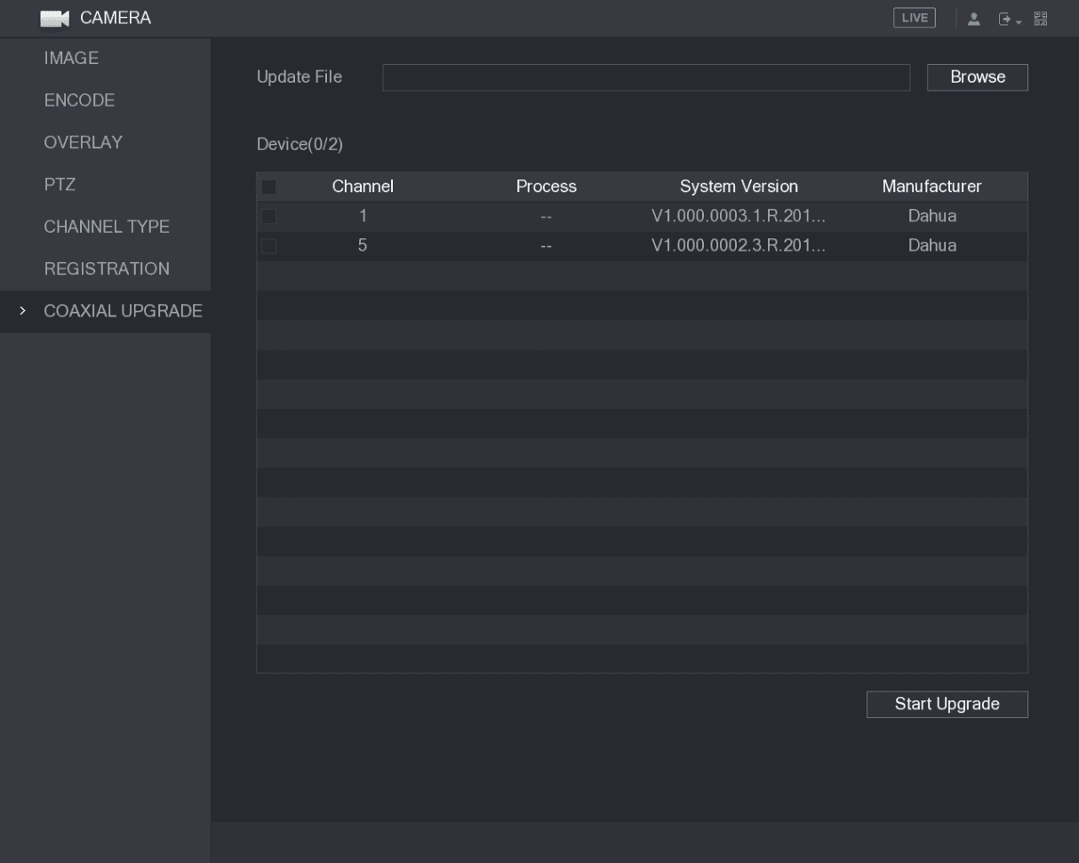 COAXIAL UPGRADE interface showing the Update File field with Browse button and a device list with Channel, Process, System Version, and Manufacturer columns