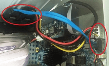 HDD cable and power cable connected between the HDD and the mainboard