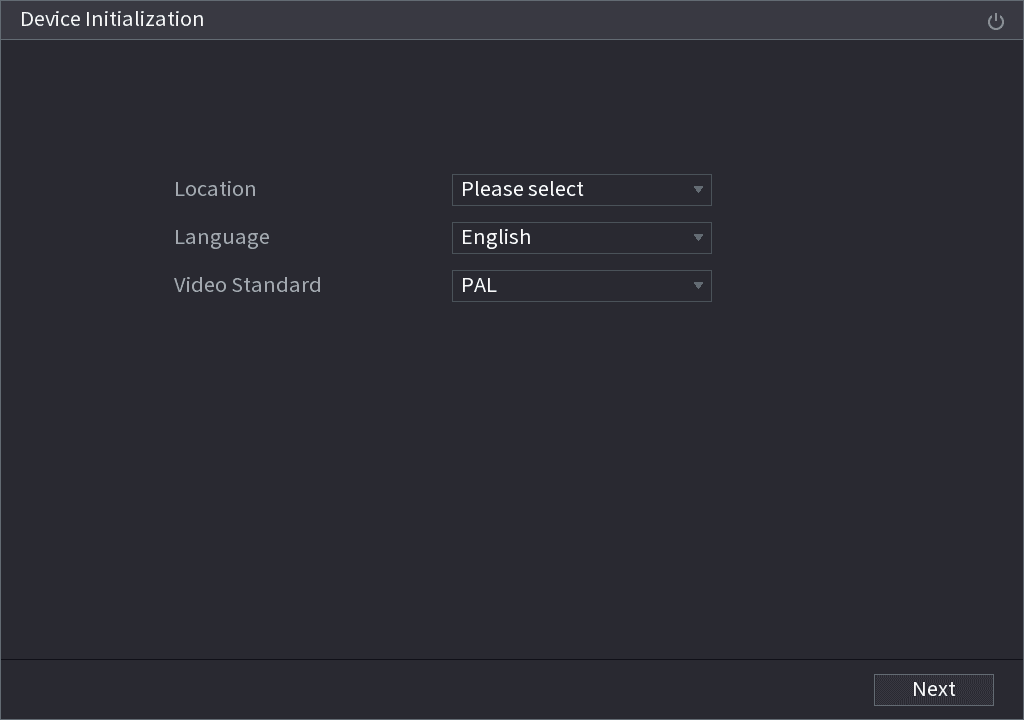 Device Initialization screen with Location, Language, and Video Standard drop-down lists