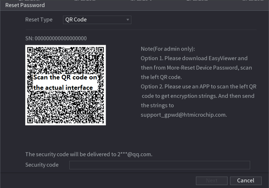 Reset Password interface showing the QR code and Security code box