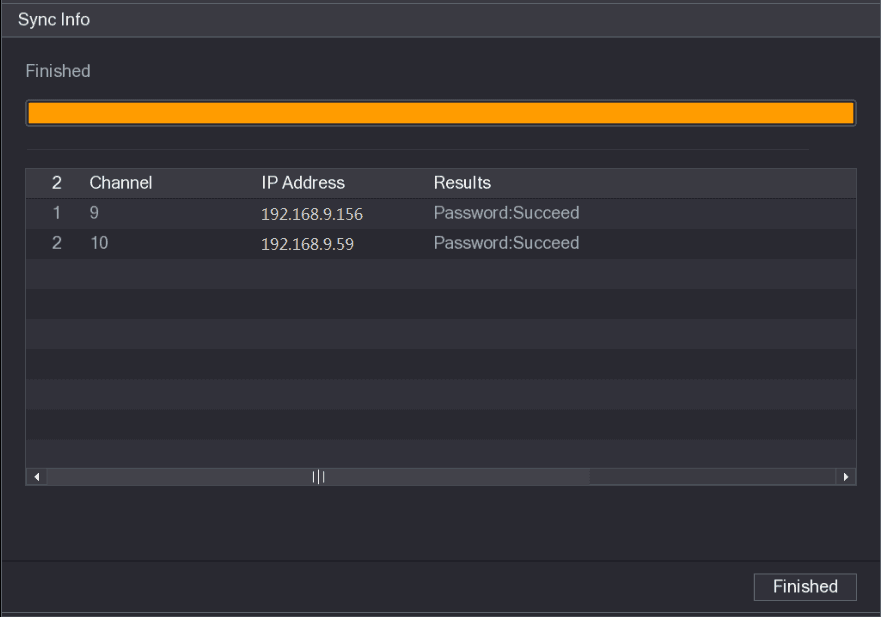 Sync Info interface showing password sync results per channel