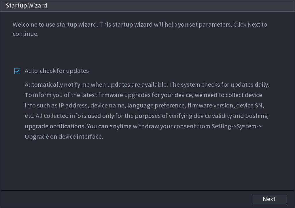 Startup Wizard welcome interface with the Auto-check for updates check box