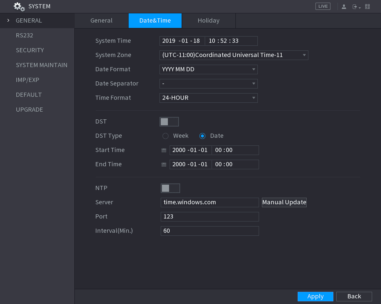Date & Time settings interface with DST and NTP options