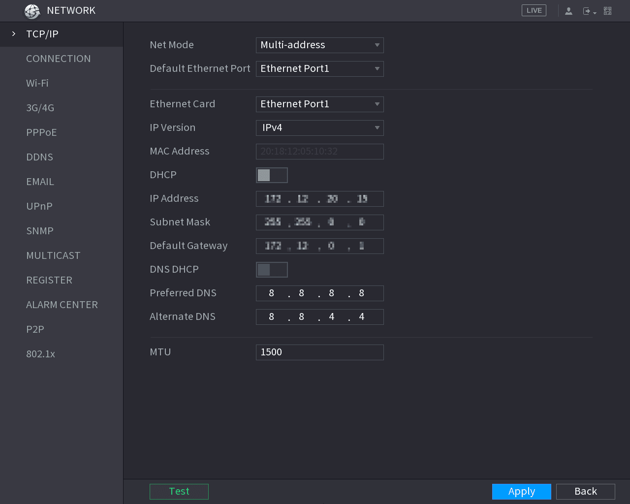 Network TCP/IP settings interface