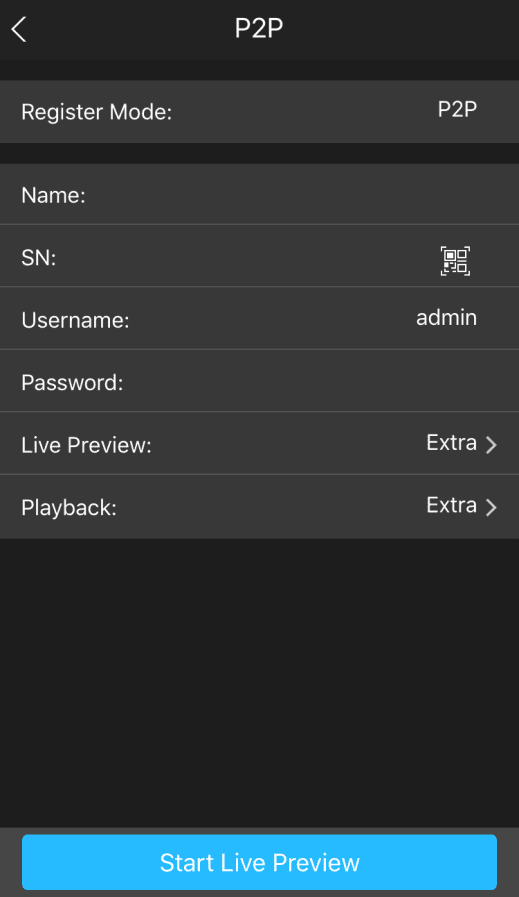 P2P registration interface on the cell phone client