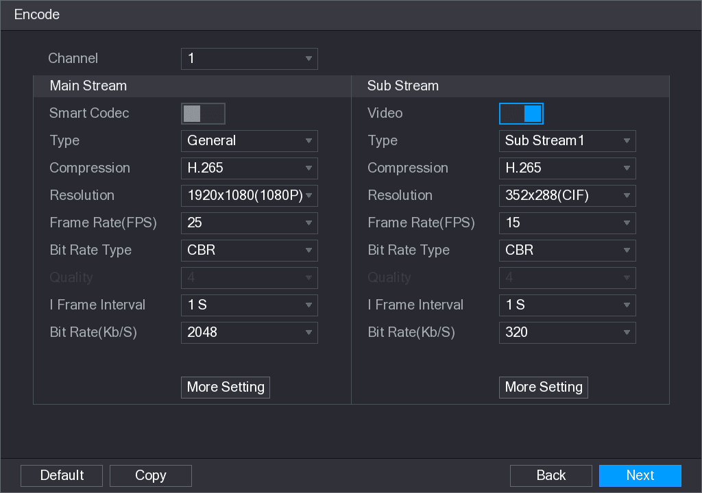 Encode interface with Main Stream and Sub Stream settings