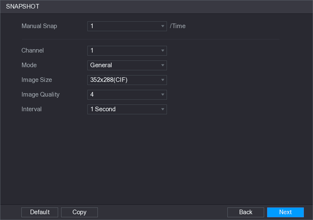 Snapshot settings interface with Manual Snap, Channel, and Mode options