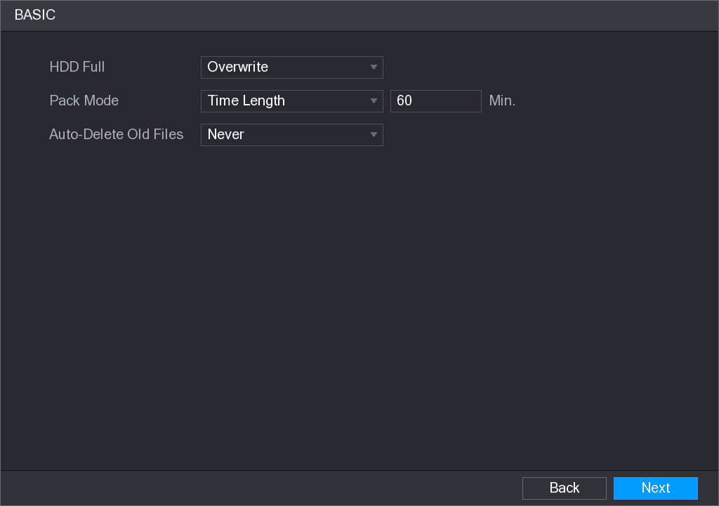 Basic storage settings interface with HDD Full, Pack Mode, and Auto-Delete Old Files options
