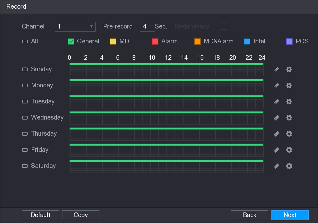 Record storage schedule interface with the weekly timeline
