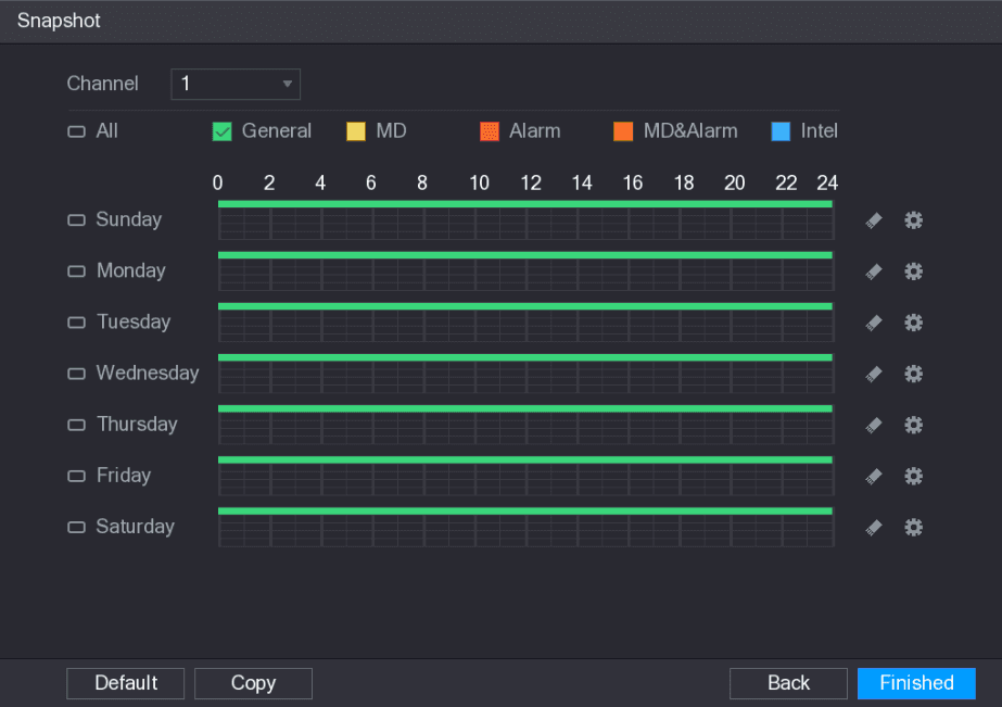 Snapshot storage schedule interface with the weekly timeline