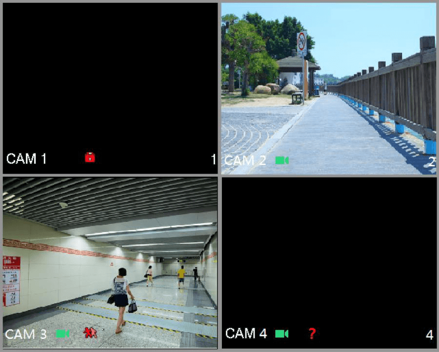 Live view screen showing four analog camera channels