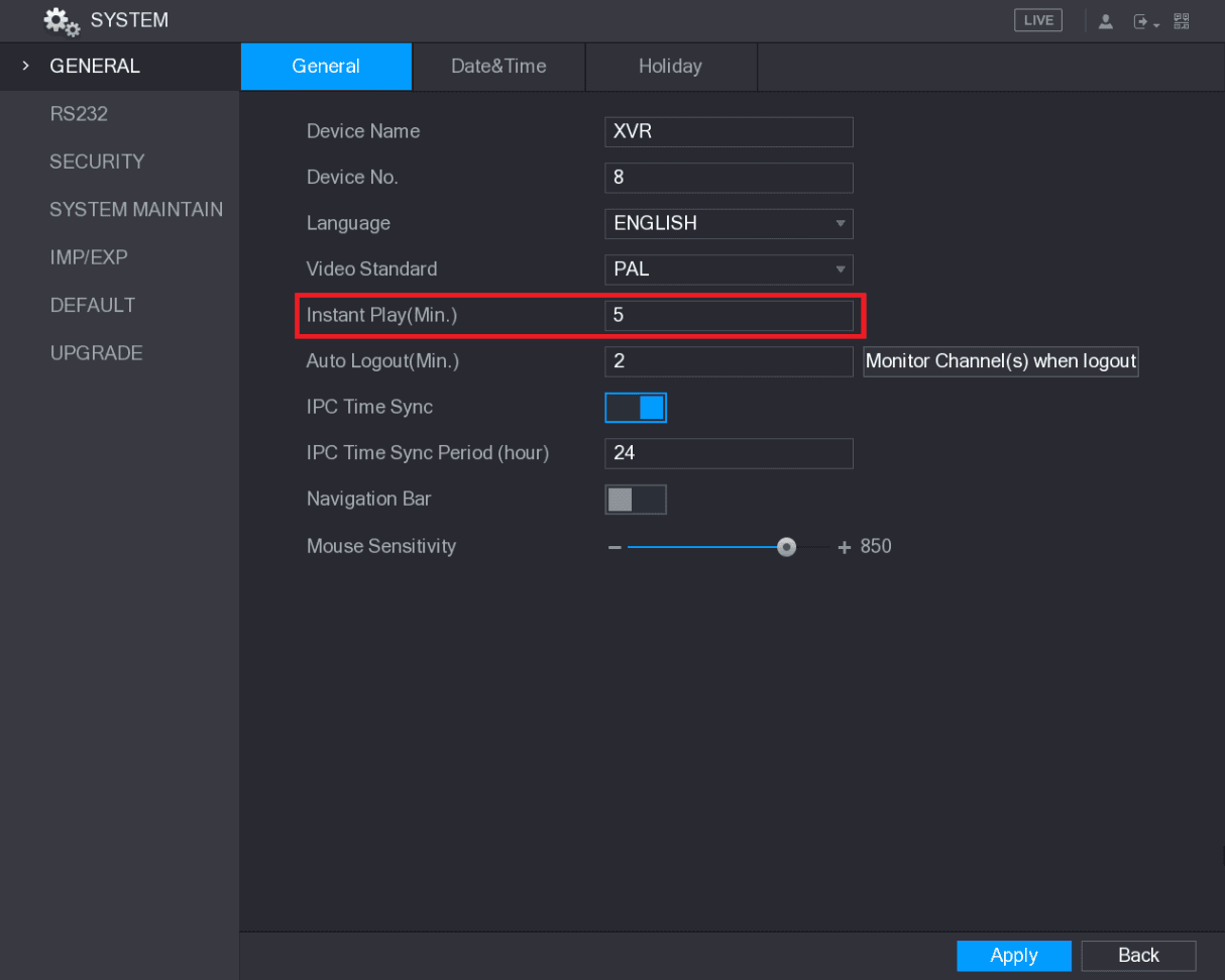 SYSTEM GENERAL interface with the Instant Play minutes field highlighted