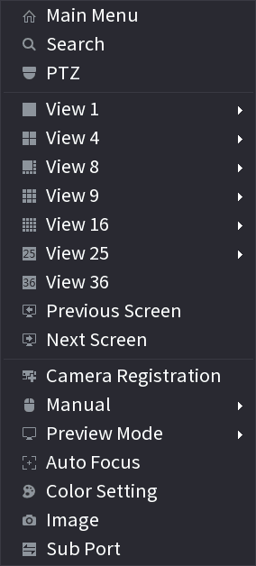 Live view shortcut menu with Main Menu, Search, PTZ, view options and more