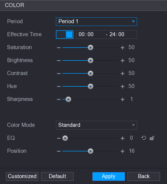 COLOR interface with sliders for saturation, brightness, contrast, hue, sharpness, color mode, EQ and position