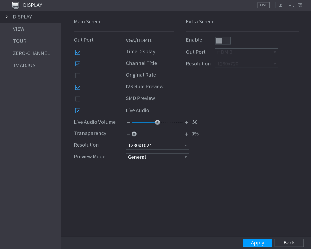 DISPLAY interface showing Main Screen and Extra Screen settings