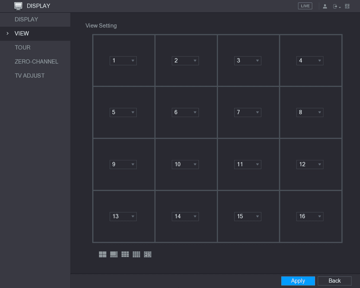 VIEW Setting interface with a 16-window channel grid
