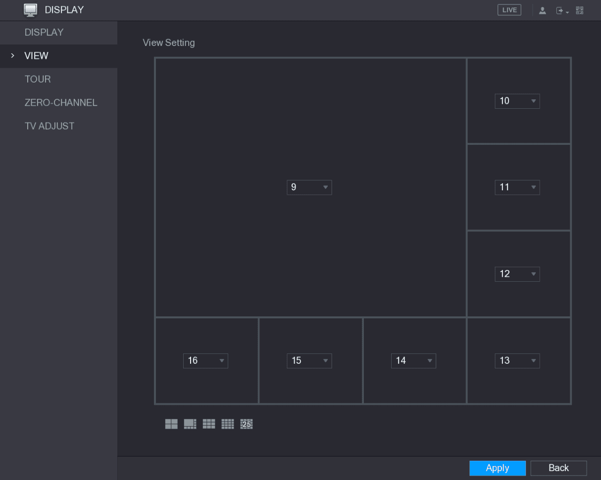 VIEW Setting interface with a 9-16 asymmetric layout applied