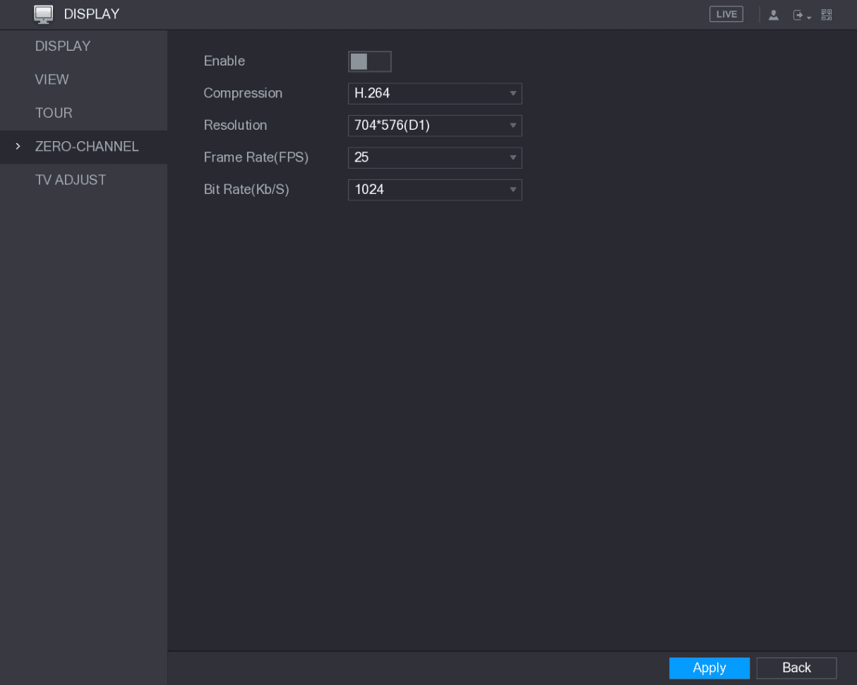 ZERO-CHANNEL interface with compression, resolution, frame rate and bit rate settings