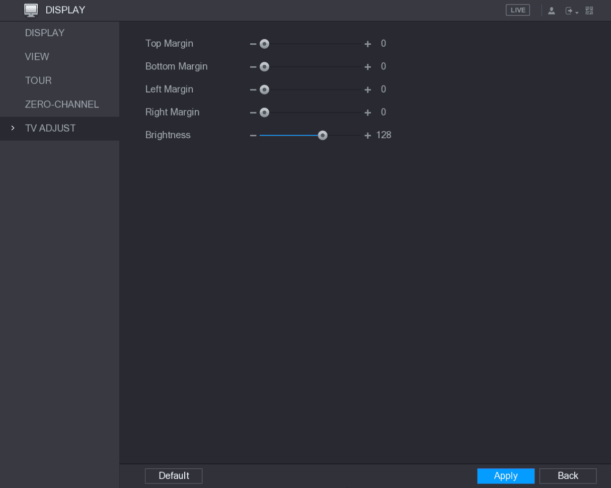 TV ADJUST interface with top, bottom, left, right margin and brightness sliders