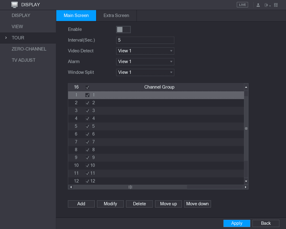 TOUR interface, Main Screen tab, with interval, video detect, alarm, window split and channel group settings