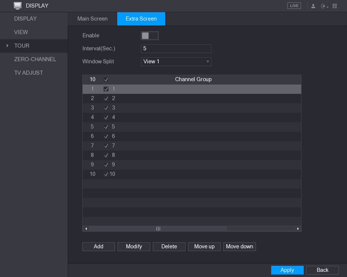 TOUR interface, Extra Screen tab, with interval, window split and channel group settings