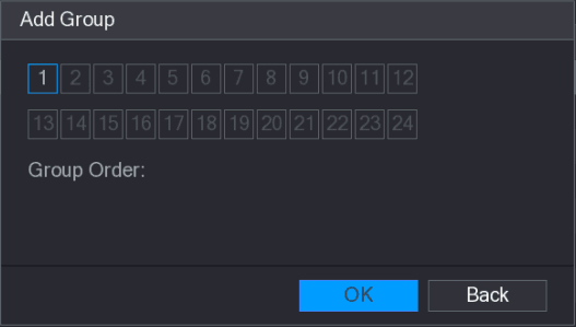 Add Group dialog with channel buttons 1 to 24 and Group Order field