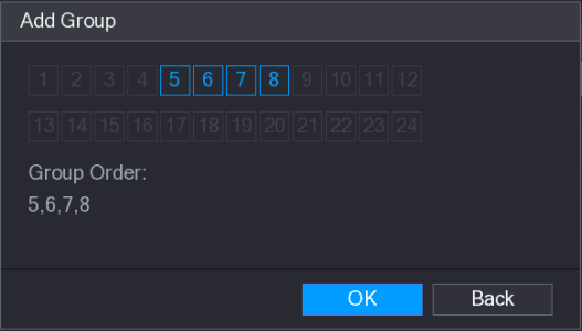 Add Group dialog with channels 5, 6, 7, 8 selected and Group Order 5,6,7,8