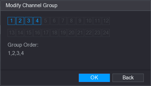 Modify Channel Group dialog with channels 1, 2, 3, 4 selected and Group Order 1,2,3,4